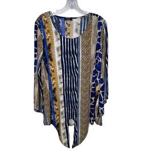 Cocomo Woman Animal Print Mixed Stripe Top Blue Tan Gold Asymmetrical Hem Size L